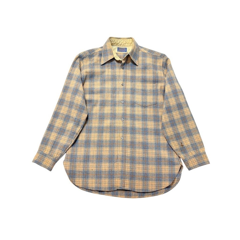 Vintage Pendleton Mens Blue Tan Plaid Wool Board Shirt Large Flannel Button Down